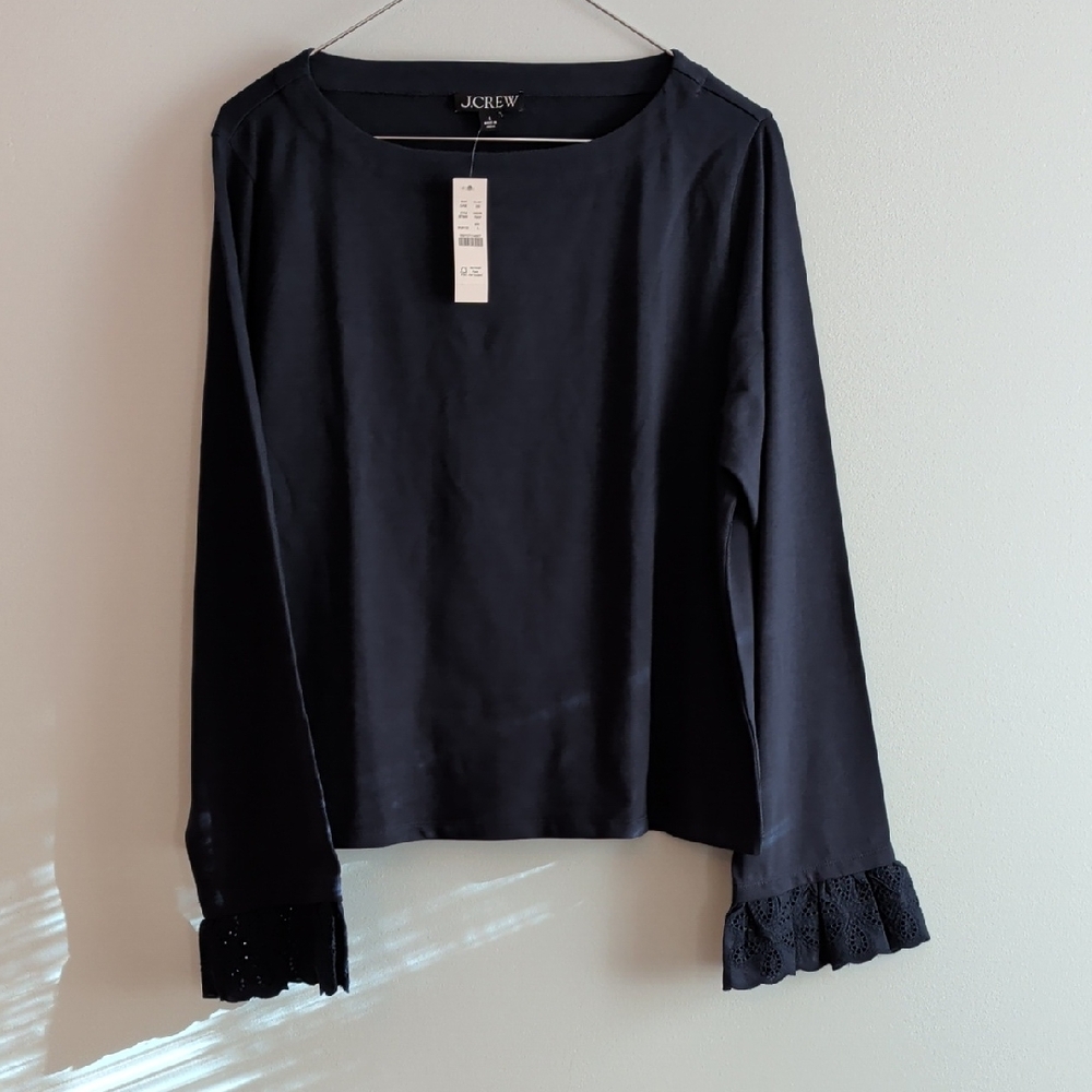 JCrew Navy Top With Navy Eyelet Cuffs